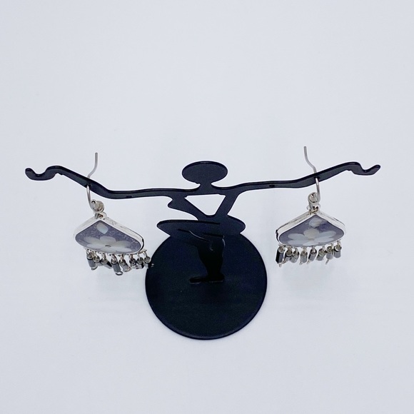 Vintage Alpaca Mexico Mother Of Pearl Long Dangle Earrings - Picture 6 of 10